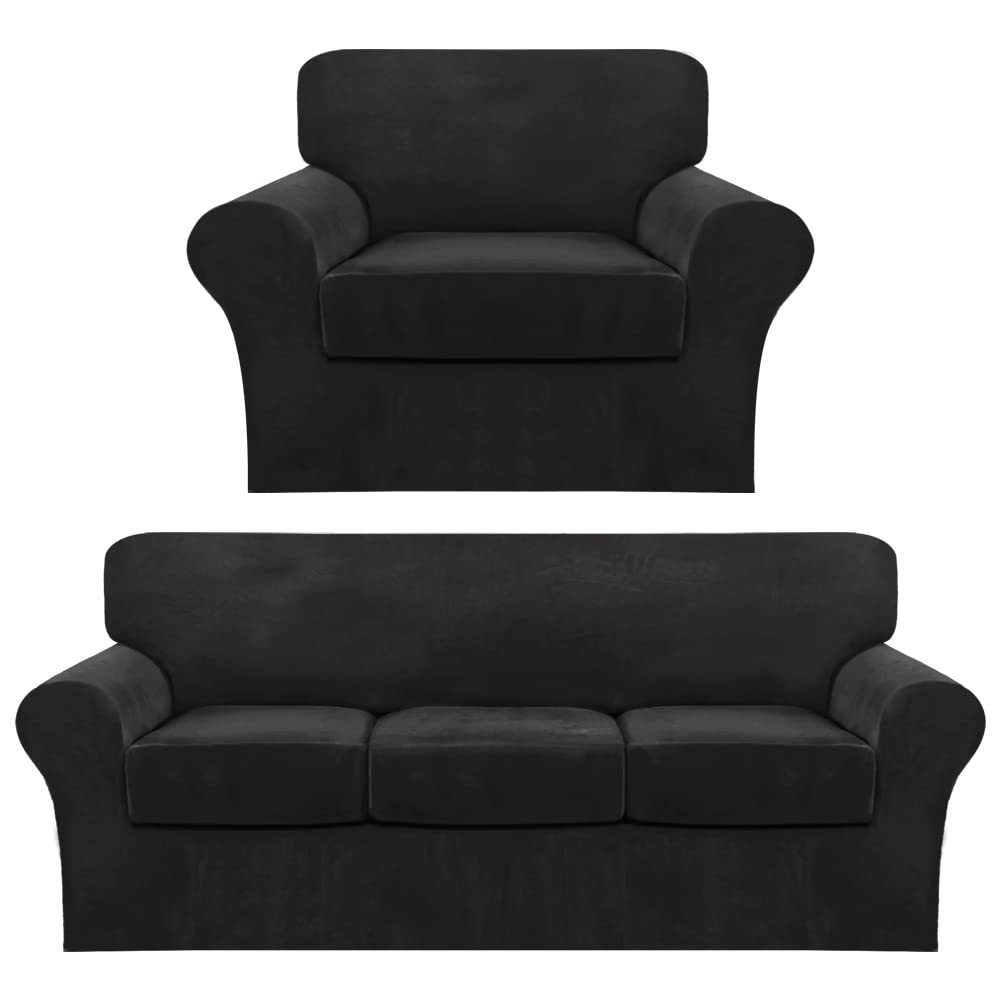 FantasDecor4 Piece Sofa Covers Velvet Couch Covers for 3 Cushion Couch Bundle 2 Piece Velvet Armchair Covers, Black