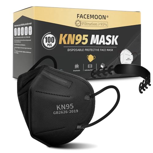 KN95 Face Masks Black Adults - 100 Pack Disposable Masks Comfortable 5-Layer Safety Face Masks & 5 Adjustable Masks Extender Masks Large Size
