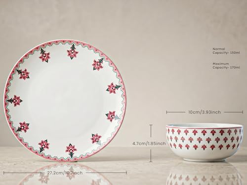 Image of Bodhi House Premium Porcelain Dinner Set 14 Pieces Serving for 6 | Pink Blossom Floral Design | Microwave & Dishwasher Safe | Crockery Set | Dinnerware Set for Home, Dining, Kitchen & Gifting