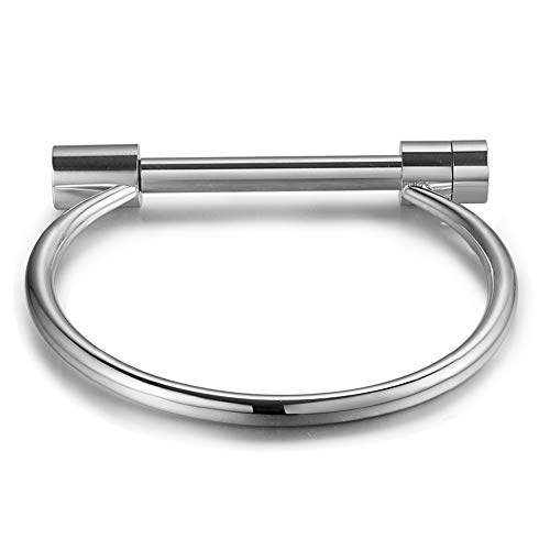 Cuff Bangle D Shape Bar Screw Shackle Horseshoe Bracelet Jewelry For Men Women Unisex (Silver)