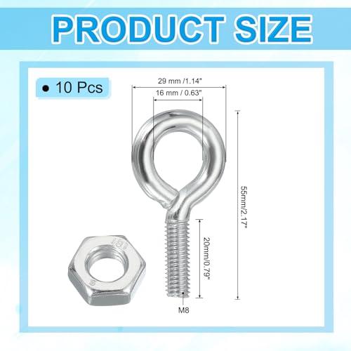 Image of PATIKIL M8x20mm Eye Bolts, 10 Pcs Carbon Steel Threaded Eyebolt Eye Hooks Screws with Nut for Hanging or Securing Cables Silver