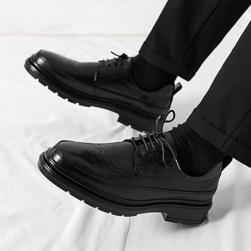 Men's Leather Platform Wingtip Business Oxfords Fashion Round Toe Lace Up Low Top Brogue Dress Shoes Hand Stitched Formal Derby Shoes3