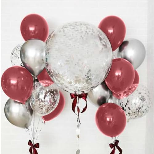 Image of Burgundy Red and Silver Balloons, 60 Packs 12 Inch Wine Red and White Silver Metallic Confetti Balloons with Ribbons for Women Birthday Wedding Bridal Shower Retirement Party Decorations Supplies