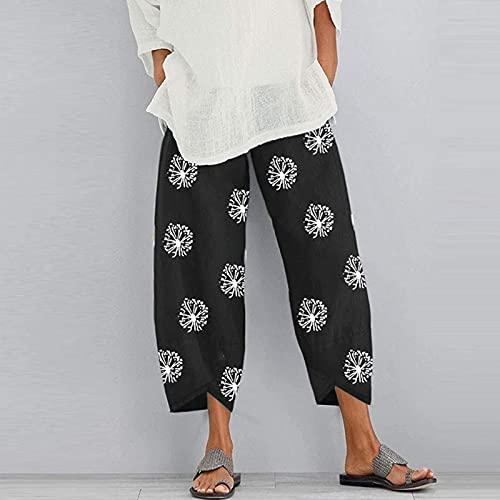 Image of Cotton Linen Capri Pants for Women 2025 Casual Printed Cropped Palazzo Pants Elastic Waist Lounge Baggy Trousers