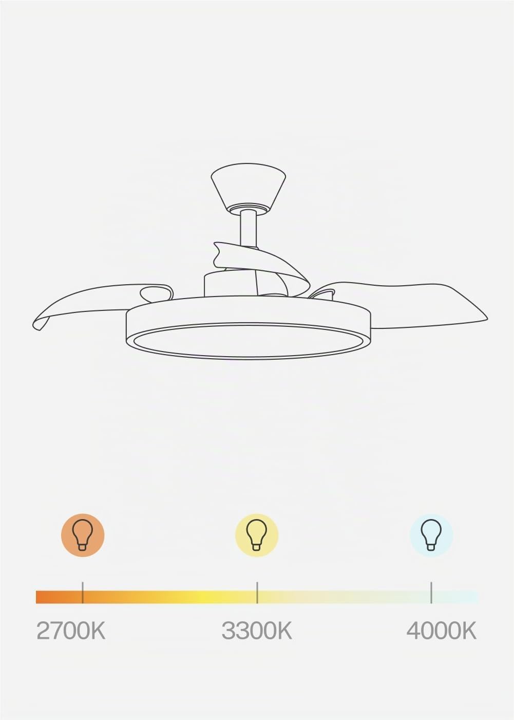 Diagram showing the three adjustable light color temperatures: 2700K (warm white), 3300K (neutral white), and 4000K (cool white).