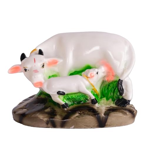Image of Kamdhenu Cow and Calf Idol - 6 Inch Polyresin Marble Finish Gau MATA Murti | Vastu Statue for Home Temple Pooja Diwali Gift Showpiece Decor, Multicolor (COW-02)