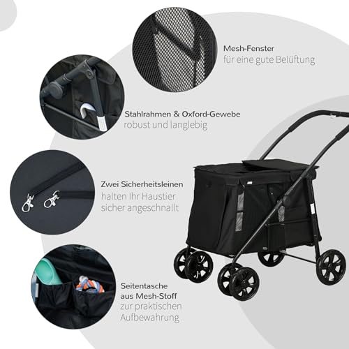 PawHut Hundewagen, faltbarer Hundebuggy, Hundetrolley mit Kissen, Katzenbuggy bis 20 kg, Katzenwagen für kleine und mittelgroße Hunde mit Seitentaschen, Netzfenster, Oxford-Gewebe, Schwarz