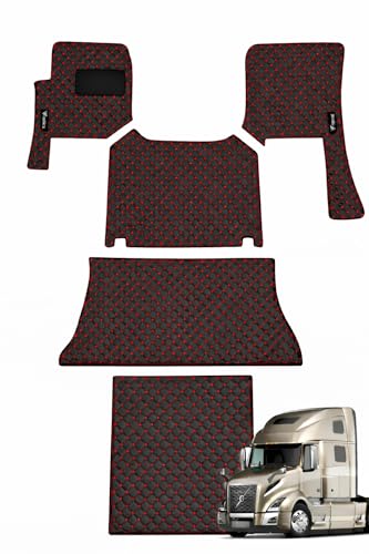 Floor Mat Set Compatible with Volvo VNL 860 Semi Truck Black Faux Leather Floor Liners with Red Stitching Heavy-Duty Interior Protection Easy to Clean Custom Mats (Black/Red)