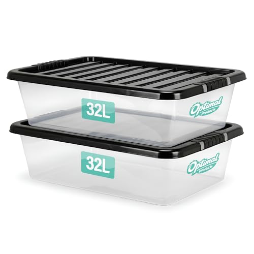 2 x 32 L Underbed Storage Boxes with Lids Set of 2 Clear Multipurpose Nestable Stackable Plastic Storage Box 32L Clear Containers Boxes For Home Kitchen Office Garage Accessories Uses