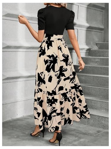 WDIRARA Women's Floral Print Color Block Maxi Dress Puff Sleeve Belted A Line Dresses2