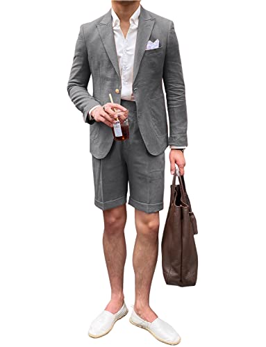 Costume en lin homme 2 pièces avec veste à revers en pointe et short pour les loisirs