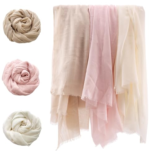 Summer Shawls for Women Lightweight, Large Long Linen Travel Scarf for Beach, Plain Gauze Wrap, 3 Colors