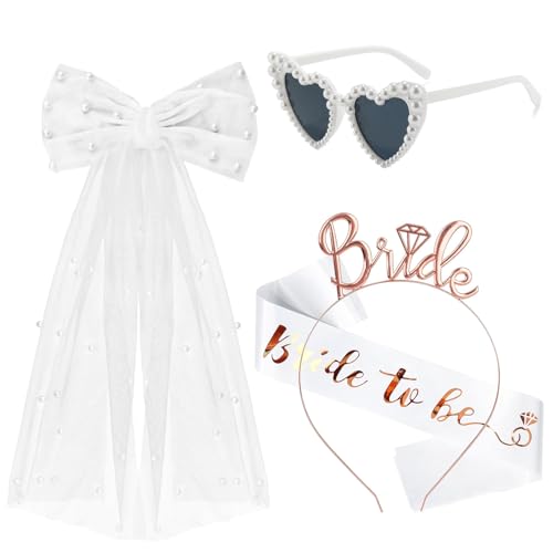 JGA Accessoires Frauen, Roségold Bride Haarreif, Bride to Be Schärpe und Schleier, Herz Sonnenbrille Weiß, Junggesellenabschied Frauen JGA Deko für Bachelorette Party Accessories Polterabend Hochzeit