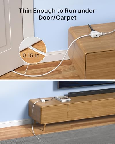 Image of TROND Flat Extension Cord 15ft - Left Angled Flat Plug Power Strip, ETL Listed, 3 Plug Extension Outlets, Three Prong, SPT 16 /3 Gauge, 13A, Compact for Tight Spaces Indoor Home Office Kitchen, White