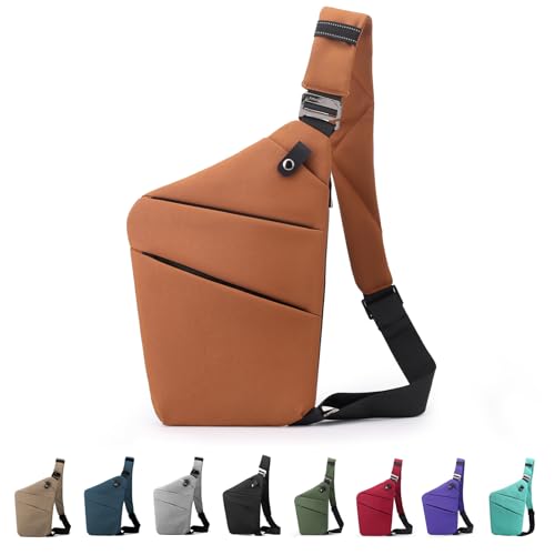 MaijjLyn Anti Theft Crossbody Bag, One Shoulder Chest Sling Bag Multi Pockets Slim Anti Theft Travel Purse for Women & Men (Reddish Brown Right)