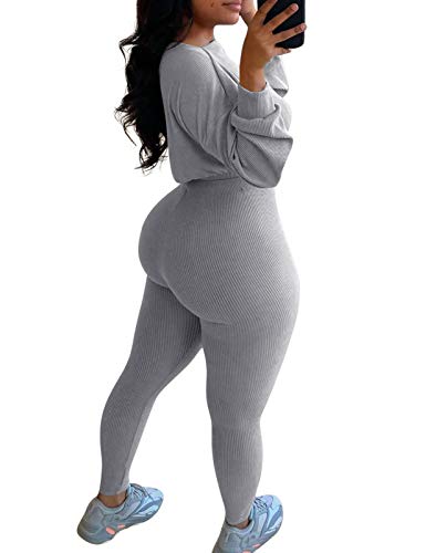 Women's Casual Sweatsuit Two Piece Outfits Top Pant Set Jogger Tracksuit Grey S