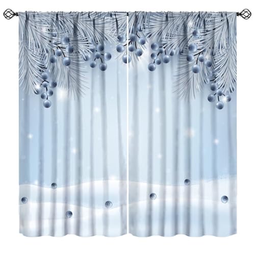 Nanacur Merry Christmas Curtains, Xmas Silver Fir Branches Blueberry Parkling Snowfall Winter Holiday Print Blackout Window Drapes for Bedroom Livingroom Kitchen, 52" W X 84" L