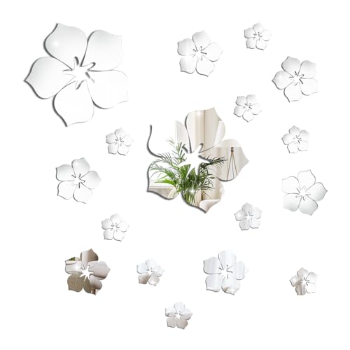 18 Pcs 3D Flower Mirror Wall Stickers, Acrylic Adhesive Removable Silver Wall Decor, Family Floral Art Mirror Decals Peel and Stick for Bathroom Home Living Room TV Background Sofa Backdrop Bedroom