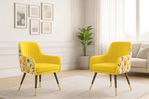 Image of Velvet Chair with Floral Pillow for Home | Modern Accent Armchair in Soft Velvet Fabric with Golden Legs | Set of 2 Premium Accent Chair for Living Room Bedroom (Yellow Floral)