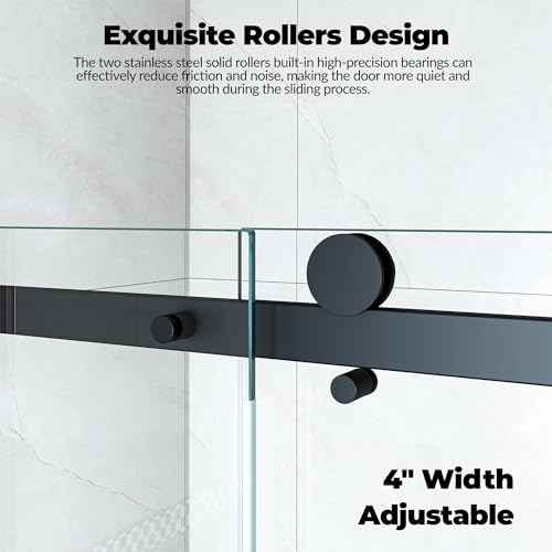 Image of 44-48 inch W x 76 inch H Frameless Sliding Shower Door, 1 /4 inch (6mm) SGCC Tempered Glass with Easy-Clean Coating & Explosion-Proof Film, Matte Black Round Rail, Single Sliding Bypass Bathroom Door