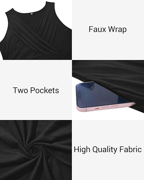 Image of Holipick Women's Plus Size Sleeveless V Neck Wrap Sundress Summer Casual Dress with Pockets