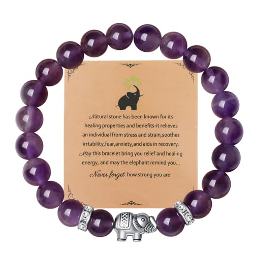 AWARDSEN Regalos de elefante para mujer, pulseras de elefante, regalos para sentirse mejor, pulsera de ansiedad, pulsera de cuentas de 8 mm con tarjeta inspiradora, 8 mm, Piedra