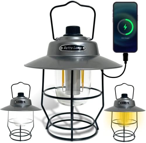 LED Camping Lantern Rechargeable, Waterproof Flashlight for Hurricane, Emergency, Power Outages, Hiking, Fishing, Retro Lantern Dimmable for Garden Patio, Lightweight Portable Light, Silver Color