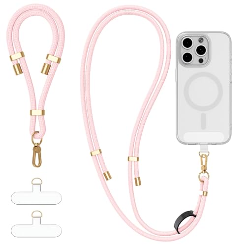 Lucforeen 4-IN-1 Phone Lanyard + Wrist Strap Kit with 2 Pack Tabs, Universal Adjustable Phone Strap Crossbody, Anti-Theft Neck Lanyard for iPhone 17 Pro Max and Most Smartphones, Pink