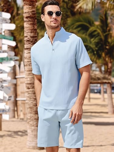 Conjunto masculino de 2 peças vintage de manga curta Henley e shorts para verão e textura de férias