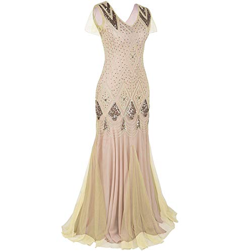 Women’s 1920S Vintage Flapper Fringe Great Gatsby Party Dress Sequin Maxi Evening Cocktail Dresses Lady V-Neck Floor Length Long Prom Mermaid Formal Gown Wedding Bridesmaid Dance Dress Apricot+Gold L #TOP1