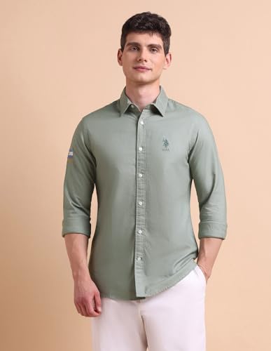 Image of U.S. POLO ASSN. Solid Tailored Fit Shirt for Men - 100% Cotton, Breathable & Comfortable, Full Sleeves Casual Shirt for Men