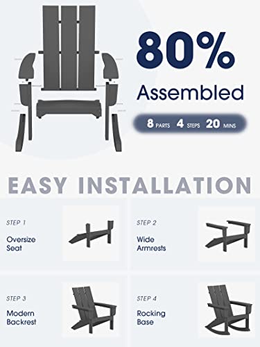 Kingyes Rocking Adirondack Chair ｜Modern Porch Rocker｜Weather Resistant Rocking Chair｜Hdpe Curved Backrest Plastic Adirondack Rocker For Outdoor, Patio, Deck, Backyard - Grey #TOP3