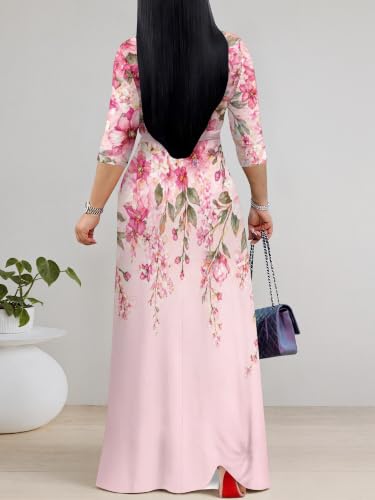 Image of PinkPatty Plus Size Maxi Dress for Women Casual V Neck 3 /4 Sleeve Boho Printed Long Dress with Pockets