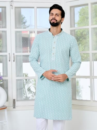 Image of See Designs Men's Full Sleeve Mandarin Collar Embroidered Thread Work Sequinned Rayon Straight Long Kurta - Festive Collection