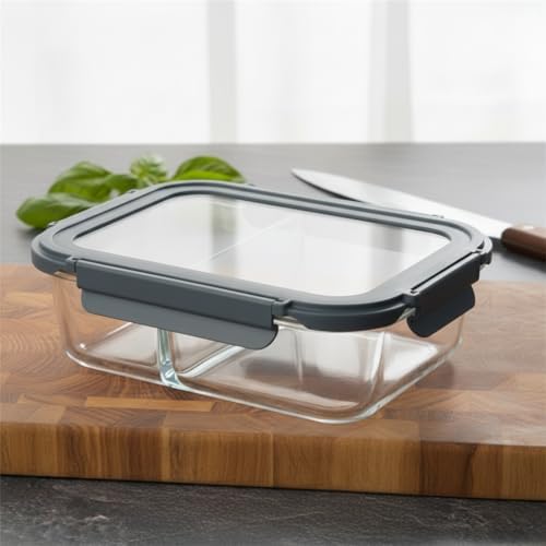 Deconox 1500 ML Büyük Boy İki Bölmeli Cam Saklama Kabı, Sızdırmaz Kilitli Kapaklı Yemek Beslenme Kutusu, Fırına Girebilen Borosilikat Cam Lunch Box Sefer Tası - Görsel 3