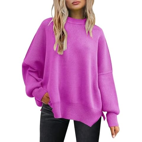 cordat Women's Crewneck Batwing Balloon Sleeves Sweaters 2024 Fall Winter Oversized Ribbed Knit Side Slit Pullover Tops Purple Cover