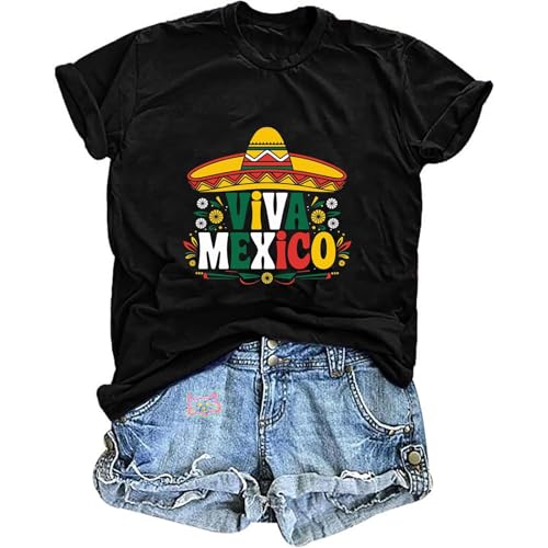 Camiseta unisex con estampado Viva México – Camiseta colorida con sombrero y detalles florales | Parte superior festiva para fiestas mexicanas, Style_o01 Negro, XXL