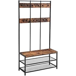 Percheros Grandes VASAGLE - Perchero grande, mueble de entrada, con 12 ganchos y banco para zapatos, estilo industrial, vestuario, estantería, para oficina, dormitorio, marco de acero, marrón rústico y negro HSR86BX