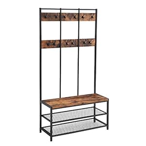 VASAGLE Grote kapstok met bank, kapstok met 12 kleerhaken en schoenenrek, halplank, kantoor, slaapkamer, stevig stalen…