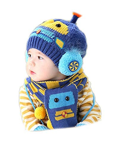 R&dWool Baby Winter Hat Scarf Set for Boys & Girls Infant Toddler Kids Baby Robot Style Cap Warm Hats with Muffler (1-3 Years) (Blue)