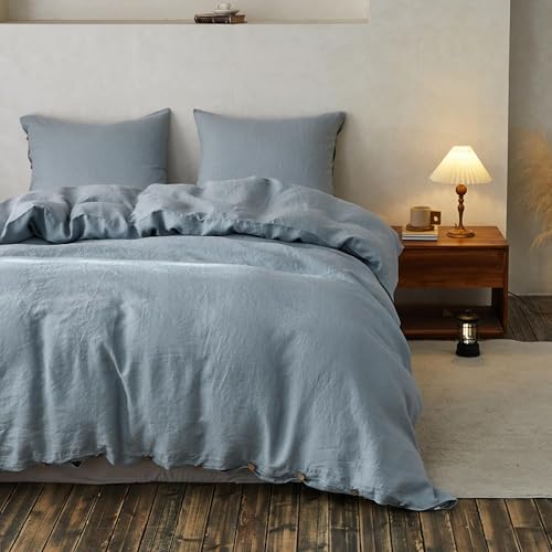 Simple&Opulence 100% Linen Duvet Cover Set, 3 Pieces Belgian Flax Breathable Bedding, 1 Comforter Cover+2 Pillowshams with Coconut Button Closure(King,Dusty Blue)
