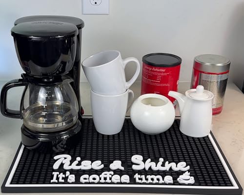 Rise and Shine It's Coffee Time Sign Silicone Bar Mat 18x12 in, Morning Person Gift, Non-Slip Espresso Machine Mat, Kitchen Station Decor, Funny Gift for Coffee Lovers