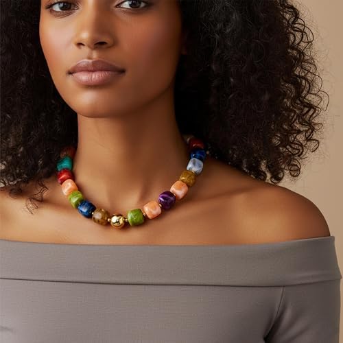 WOWORAMA Colorful Beaded Necklace for Women Trendy Colored Chunky Statement Necklaces Boho Large Square Resin Beads Choker Necklace Y2K Summer Jewelry — view 7