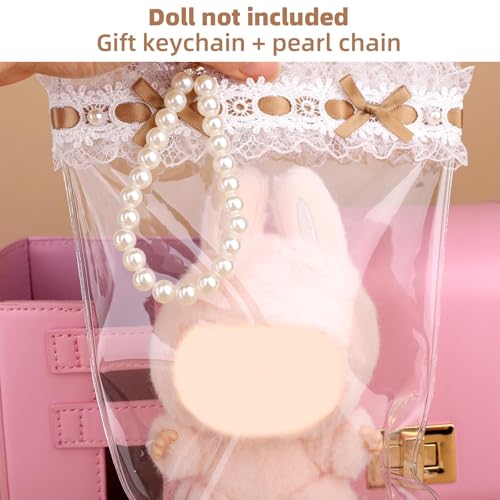 Tinoaly Puppen Klarsichthülle, 15x25cm Durchsichtige Figuren Schutzhülle Wasserdichtes PVC Tragetasche mit Perlen Schlüsselanhänger für Plüschspielzeug-Aufbewahrungsdekoration