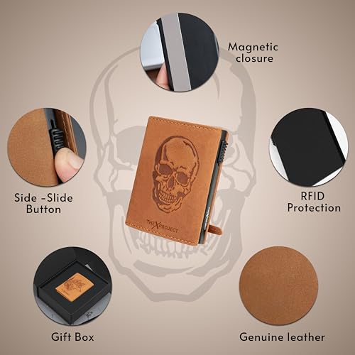 Image of The X Project Genuine Leather Wallet for Men | RFID Blocking Slim Bifold Wallet | Quick Card Eject Mechanism | Coin Pocket & ID Window | Premium Gift Box | Bold Skull Design (Tan)
