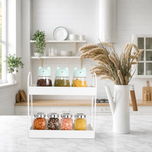 Image of Homeor 2-Tier Metal Countertop Organizer | Heavy Duty Standing Rack for Kitchen Spice Storage & Bathroom Vanity | Multi-Purpose Shelf For Kitchen, Cosmetic & Toiletry Display Shelf, White
