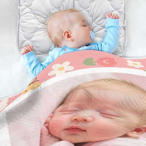 Custom Cute Baby Image Pink Bear Flower Blankets for Newborns Soft Personalize Photo tag Blankets for Girls or Boys 30x40in Manta de Algodon para4