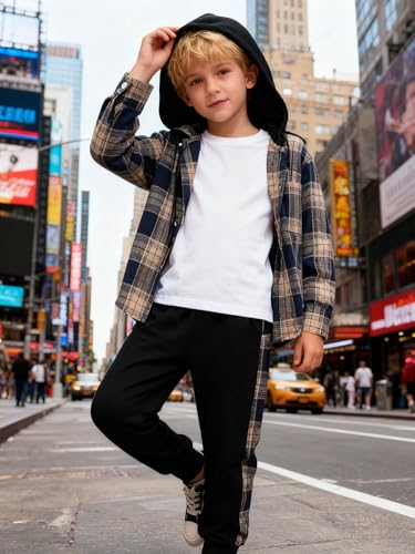 Image of OLMRJKD Toddler Baby Boy Clothes Plaid Long Sleeve Hoodie Sweatshirt + Pants 2pcs Boys Outfit Set
