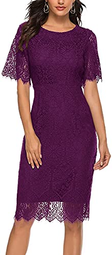 MEROKEETY Women's Short Sleeve Lace Floral Elegant Cocktail Dress Crew Neck Knee Length for Party