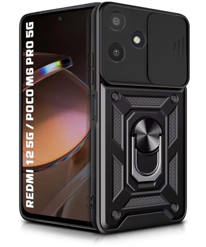 Image of WOW IMAGINE Tough Armor Bumper Mobile Back Case for Mi Redmi 12 5G | Poco M6 Pro 5G | Sliding Camera Shield Cover | Shock Proof 360 Protection | Hybrid PC + TPU | Ring Holder with Kickstand - Black